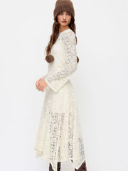 Lace Boat Neck Asymmetrical Hem Midi Dress with Bodycon Solid Dress