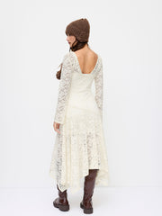 Lace Boat Neck Asymmetrical Hem Midi Dress with Bodycon Solid Dress