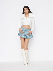 Denim Low Rise Abstract Graphic Pleated Micro Mini Skirt