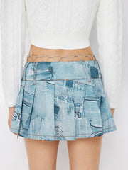 Denim Low Rise Abstract Graphic Pleated Micro Mini Skirt