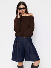 Denim Mid Rise Pleated Bermuda Jorts With Belt