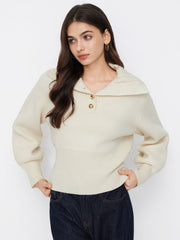Knit Wool-blend Collar Long Sleeve Metal Button Cinched Waist Top