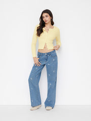 Knit Wool-blend Round Neckline Long Sleeve Button Top