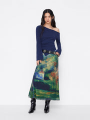 Mesh Oil Painting Mid Rise Lettuce Trim Mermaid Maxi Skirt