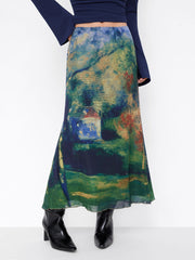 Mesh Oil Painting Mid Rise Lettuce Trim Mermaid Maxi Skirt