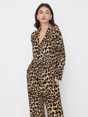 Collar Leopard Print Long Sleeve Top & Mid Rise Straight Leg Trousers Loungewear Set