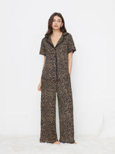 Collar Leopard Print Lace Trim Top & Mid Rise Wide Leg Trousers Loungewear Set