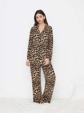 Collar Leopard Print Long Sleeve Top & Mid Rise Straight Leg Trousers Loungewear Set