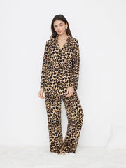 Collar Leopard Print Long Sleeve Top & Mid Rise Straight Leg Trousers Loungewear Set