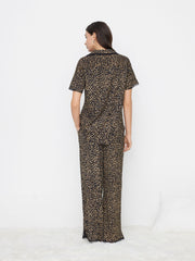 Collar Leopard Print Lace Trim Top & Mid Rise Wide Leg Trousers Loungewear Set