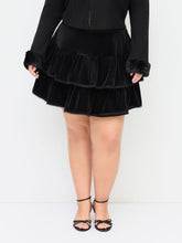 Velvet Mid Rise Lace Ruffle Layered Micro Mini Skirt Curve & Plus