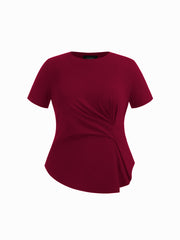 100% Cotton Round Neckline Ruched Asymmetrical Hem Tee Curve & Plus