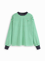 Cotton Striped Fish Embroidery Contrasting Binding Long Sleeve Tee