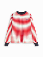 Cotton Striped Fish Embroidery Contrasting Binding Long Sleeve Tee