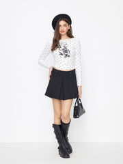 Cotton-blend Polka Dot & Cat Graphic Boat Neck Ruched Top