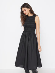 Cotton-blend Round Neckline Shirred Ruffle Midi Dress