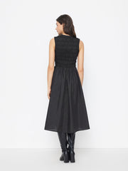 Cotton-blend Round Neckline Shirred Ruffle Midi Dress