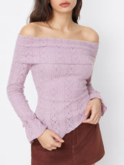 Off-shoulder Floral Lettuce Trim Asymmetrical Hem Long Sleeve Top