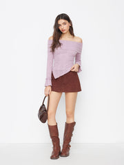 Off-shoulder Floral Lettuce Trim Asymmetrical Hem Long Sleeve Top