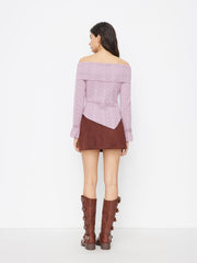 Off-shoulder Floral Lettuce Trim Asymmetrical Hem Long Sleeve Top