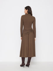 Collar Ruched Metal Button Long Sleeve Maxi Dress