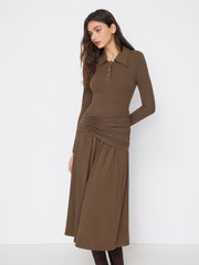 Collar Ruched Metal Button Long Sleeve Maxi Dress