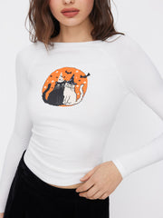 Round Neckline Cat & Bat Graphic Tee