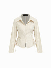 Cotton-blend Striped Collar Long Sleeve Drawstring Side Shirt
