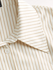 Cotton-blend Striped Collar Long Sleeve Drawstring Side Shirt