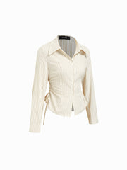 Cotton-blend Striped Collar Long Sleeve Drawstring Side Shirt