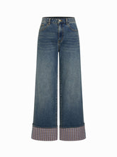 Cider Stretch Denim Mid Rise Plaid Roll Hem Straight Leg Jeans