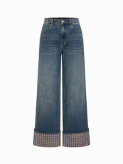 Cider Stretch Denim Mid Rise Plaid Roll Hem Straight Leg Jeans