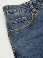 Cider Stretch Denim Mid Rise Plaid Roll Hem Straight Leg Jeans