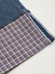 Cider Stretch Denim Mid Rise Plaid Roll Hem Straight Leg Jeans