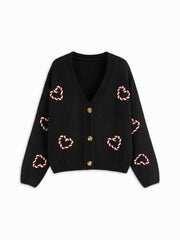 Knit Heart Graphic V-neck Button Long Sleeve Oversized Cardigan