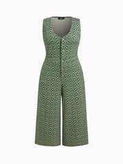 Jacquard Floral V-neck Button Wide Leg Jumpsuit Curve & Plus