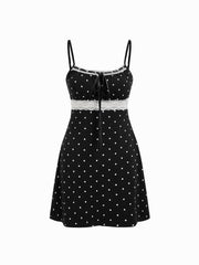 Cotton-blend Polka Dot U-neckline Lace Patched Mini Nightdress