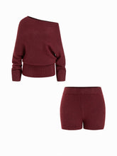 Knit Wool-blend Asymmetrical Neck Long Sleeve Sweater & Low Rise Shorts Set
