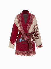 Knit Collar Pattern Colorblock Tassel Oversized Cardigan With Belt