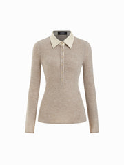 Two Tone Collar Long Sleeve Button Top