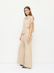 Knit High Neck Short Sleeve Asymmetrical Hem Top & Mid Rise Straight Leg Trousers Set