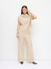 Knit High Neck Short Sleeve Asymmetrical Hem Top & Mid Rise Straight Leg Trousers Set
