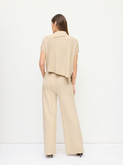 Knit High Neck Short Sleeve Asymmetrical Hem Top & Mid Rise Straight Leg Trousers Set