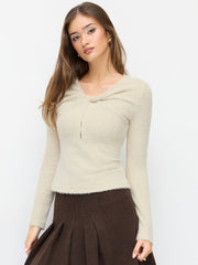 V-neck Long Sleeve Twist Cut Out Top