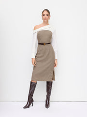 Cotton Fold Over Asymmetrical Neck Checks Patched Side Split Midi Dress With Belt