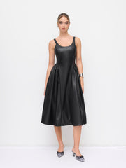 Faux Leather Scoop Neckline Ruffle A-line Midi Cami Dress