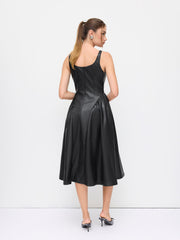 Faux Leather Scoop Neckline Ruffle A-line Midi Cami Dress