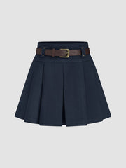 Mid Waist Solid Pleated Skort with Belt