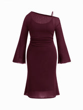 Two Pieces Asymmetrical Neck Lettuce Trim Bell Sleeve Maxi Dress With Cami Midi Dress Curve & Plus