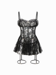 Lace Sweetheart Bowknot Lettuce Trim Lingerie With Brief Set